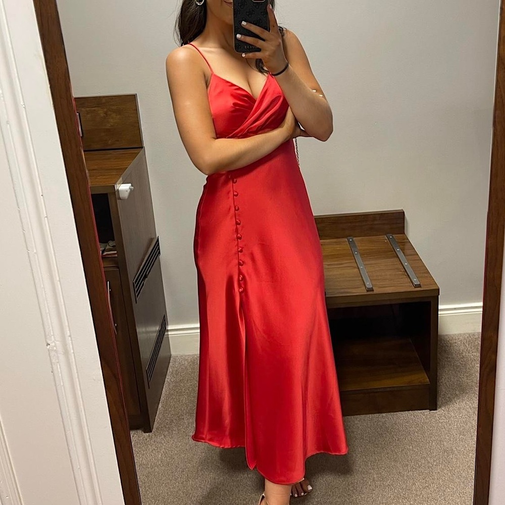 NWT Zara Red Satin Maxi Dress Button Front Slit Size Large